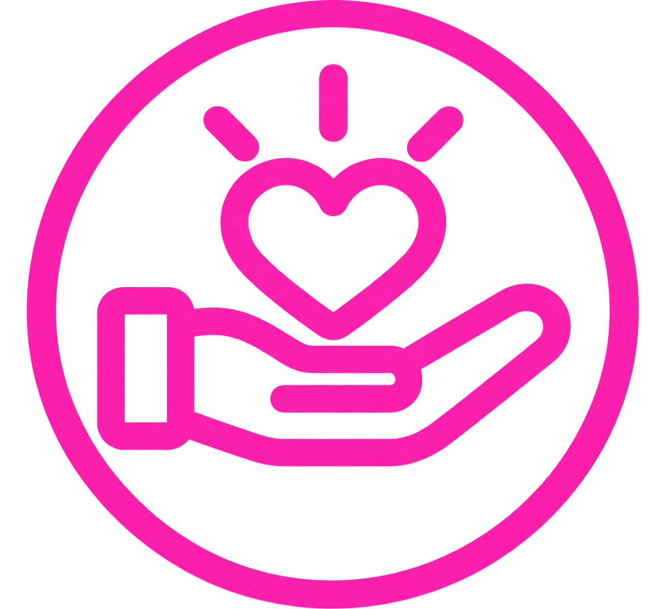 A pink line-art icon of a hand holding a glowing heart, inside a circle.