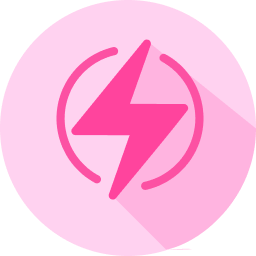A pink icon of a lightning bolt inside a circle with a long shadow.
