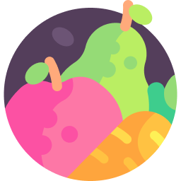 A stylized, circular illustration of an apple, a pear, and a carrot against a dark purple background.