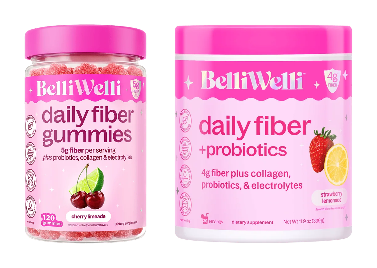 Two pink Belli Welli fiber supplements: a jar of gummies and a canister of powder mix.