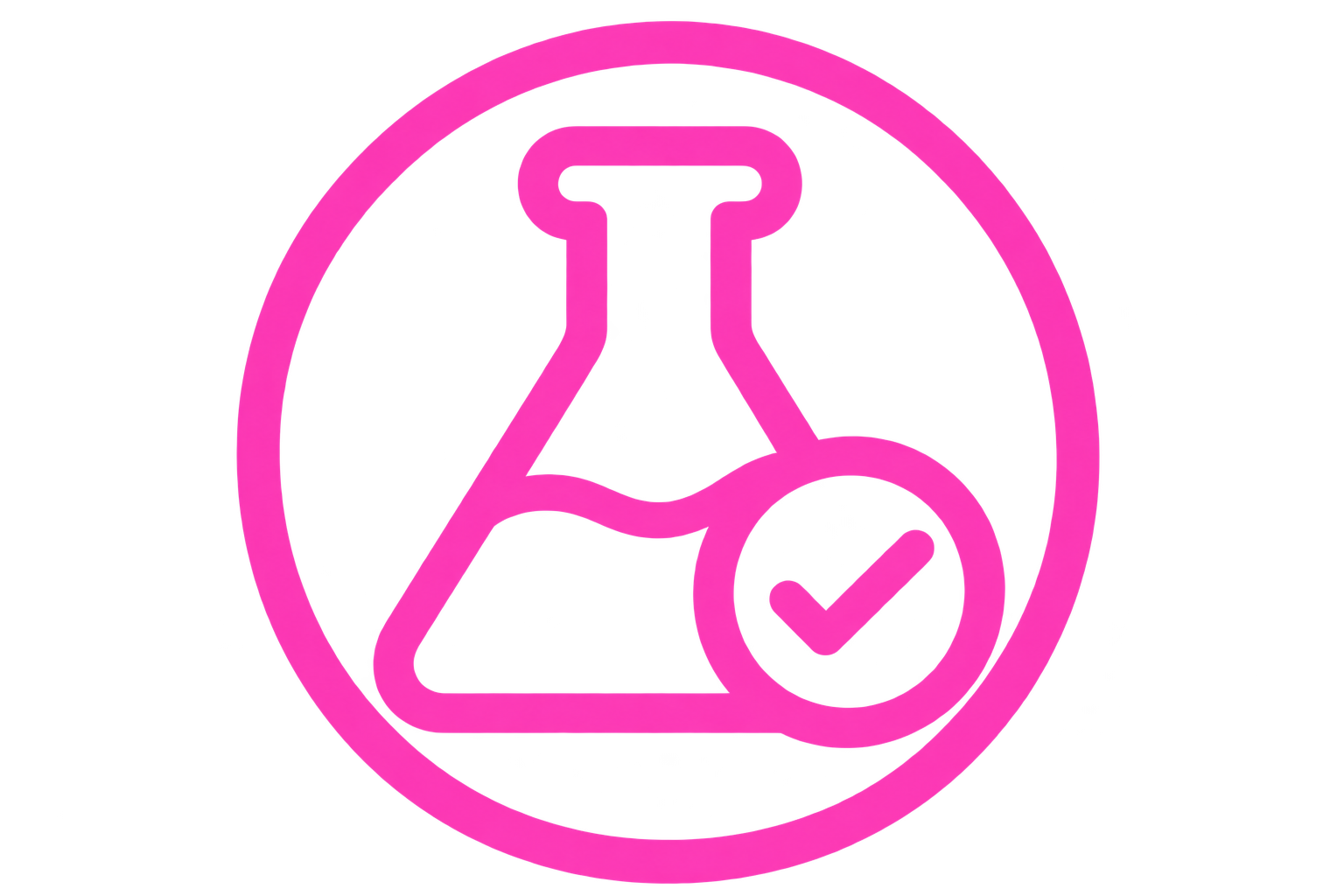 A pink icon of a lab flask with a checkmark, enclosed in a circle on a black background.