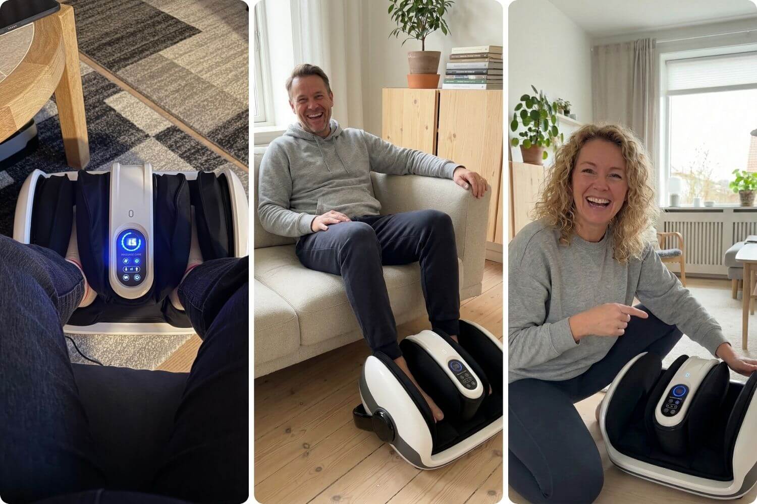 A collage of three photos showing a man and a woman happily using an electric foot massager.