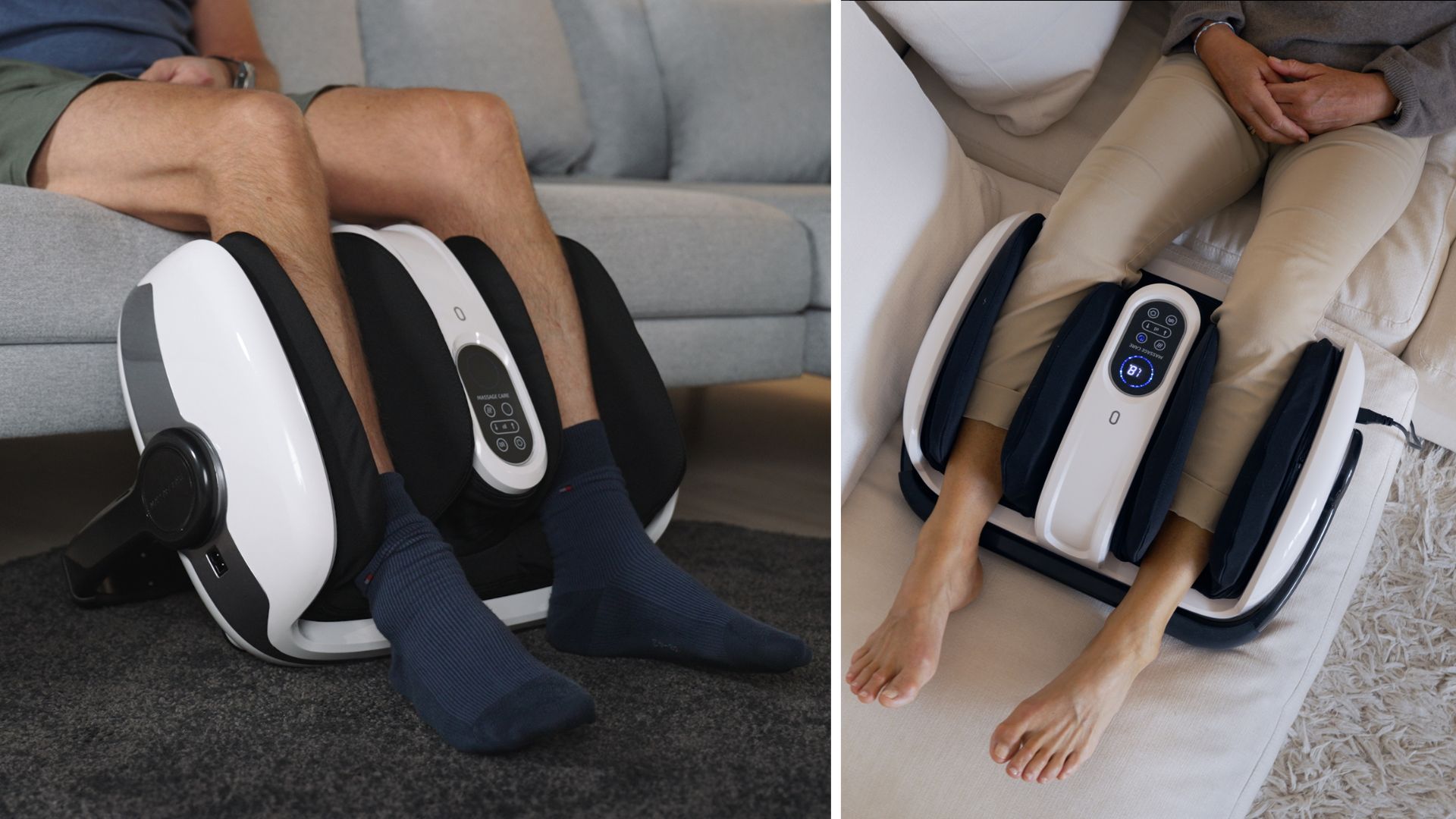 Two people relax on couches, using a white and black electric leg and foot massager.