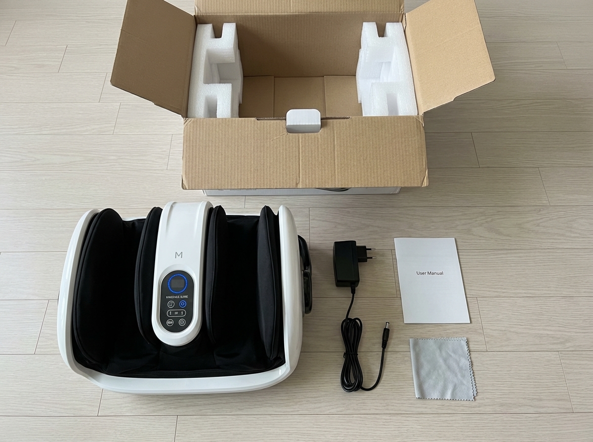 An unboxed electric foot massager, packaging, power adapter, and user manual laid out on a wooden floor.