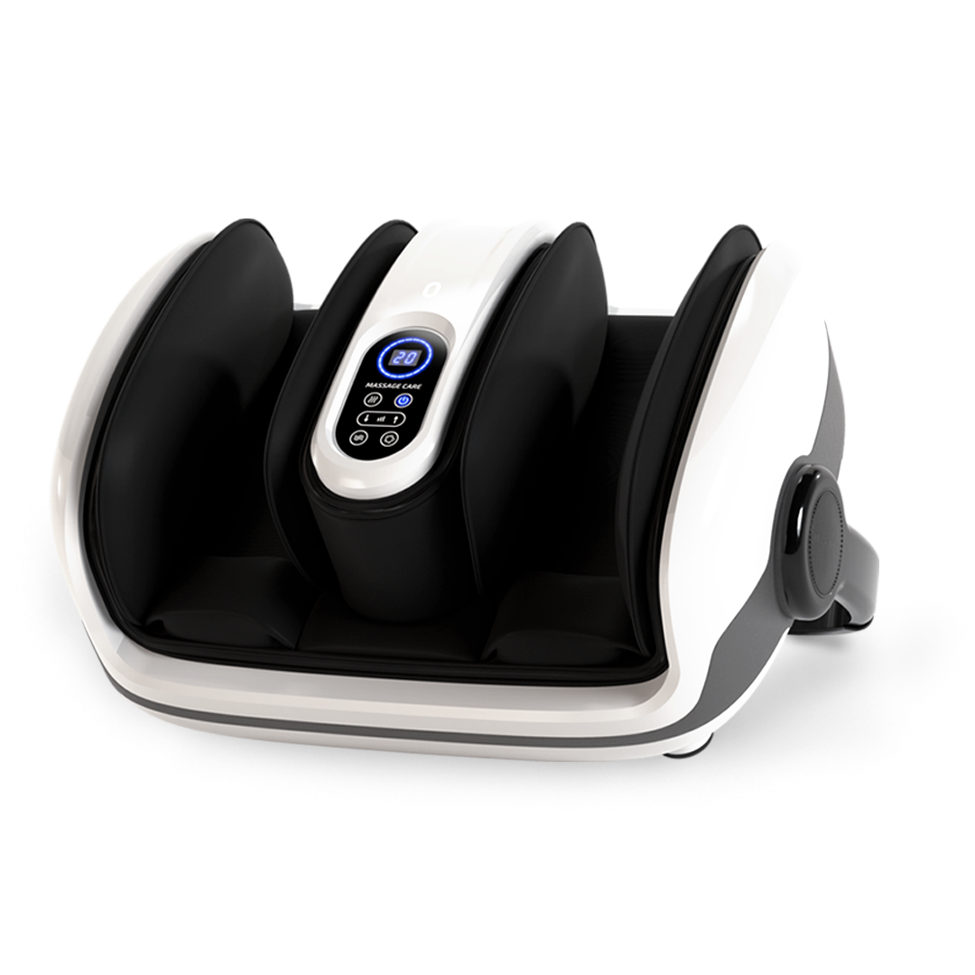 A white and black electric foot and calf massager with a digital control panel in the center.