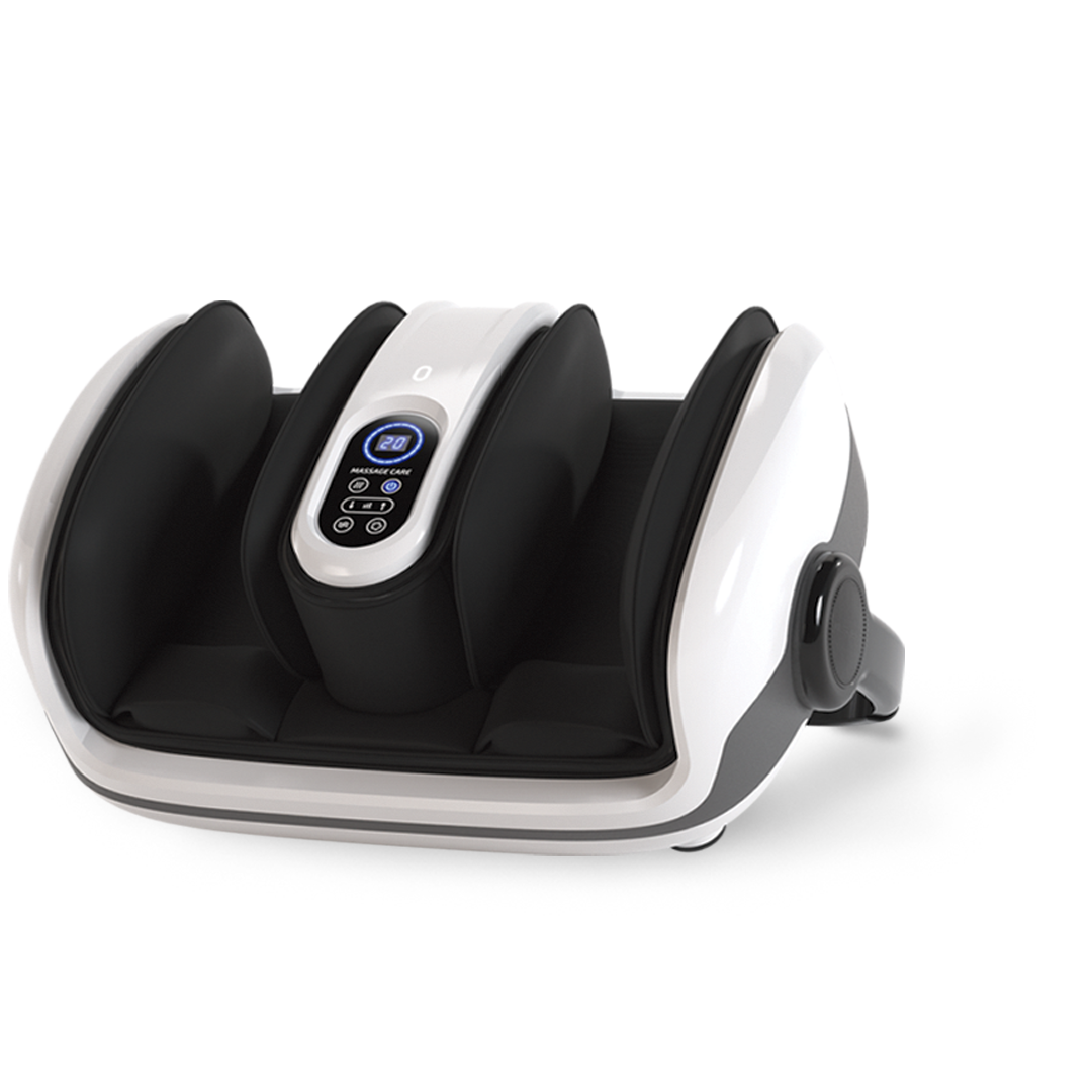 A white and black electric foot massager with a central digital control panel against a white background.