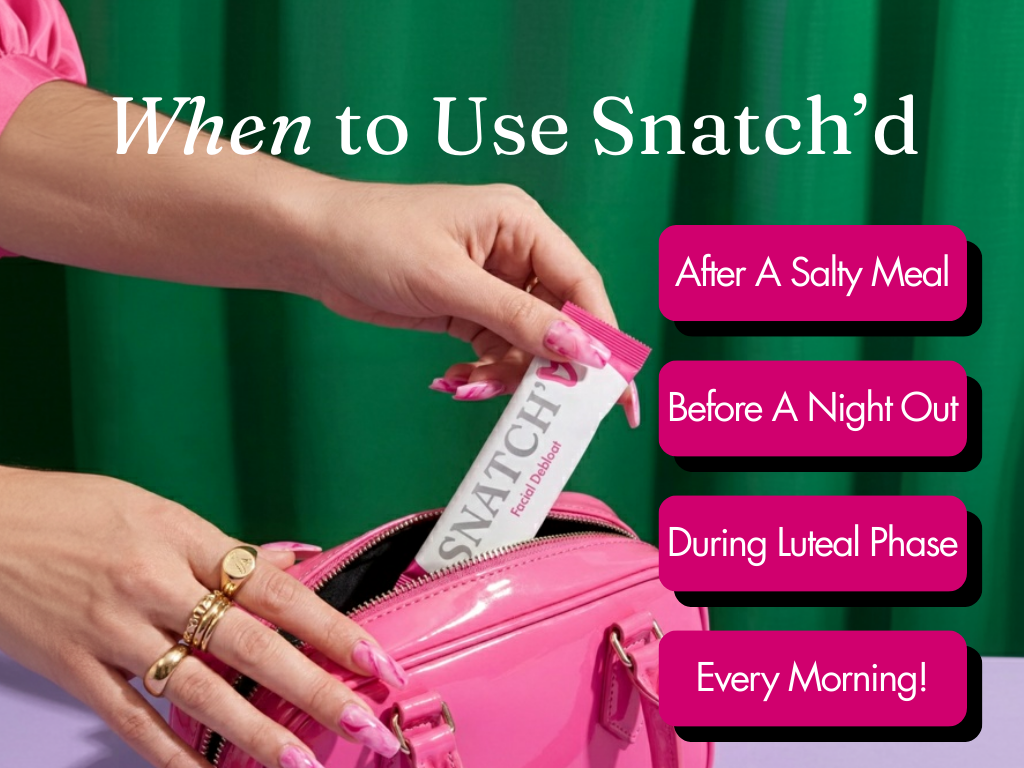 A person places a tube of Snatch'd Facial Debloat into a pink purse, with text listing usage examples.
