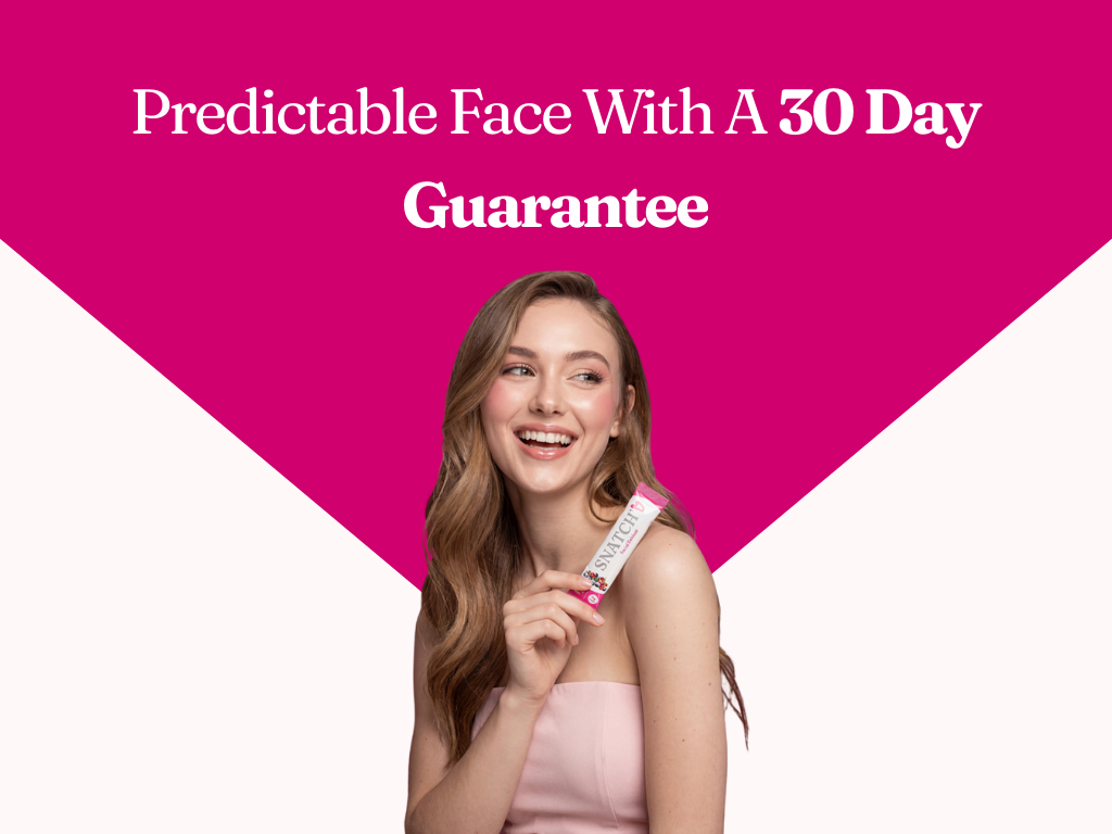 A smiling woman in a pink top holds a small product packet against a pink and white graphic background.