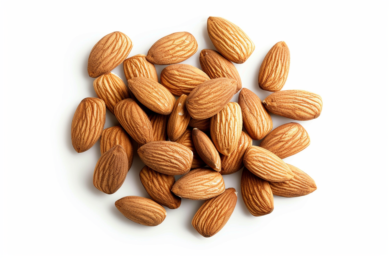 A pile of whole almonds on a white background.