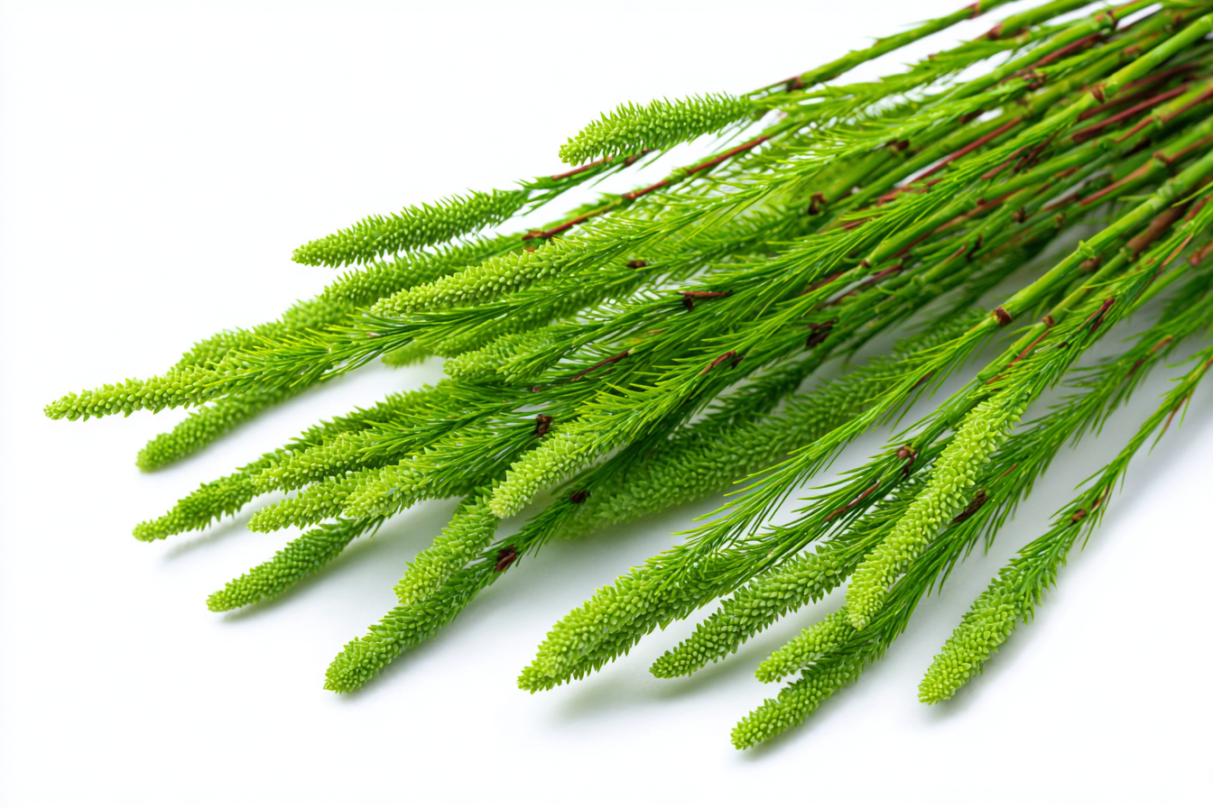 A bundle of green horsetail stems on a white background.