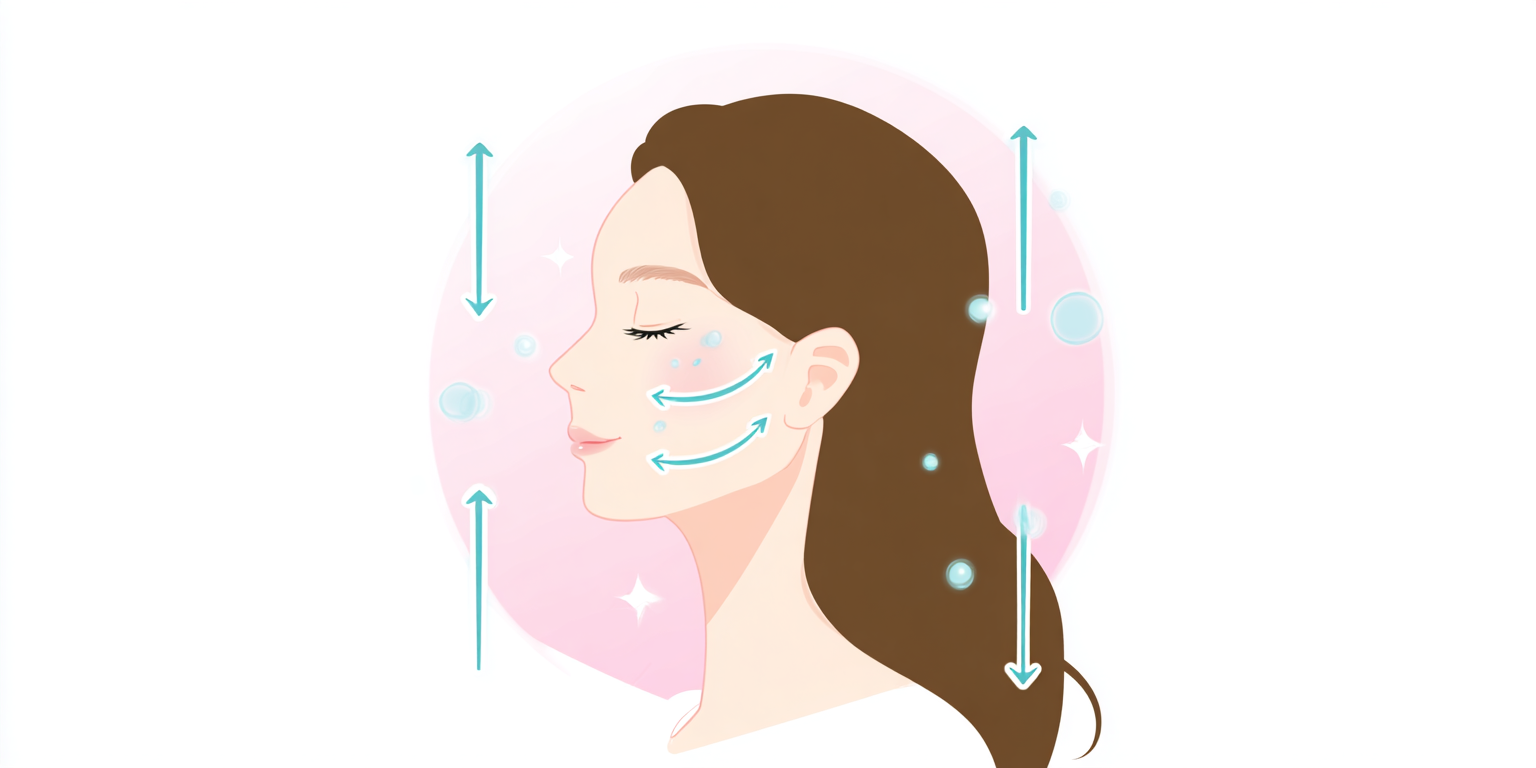 Illustration of a woman's profile with arrows indicating facial massage directions.