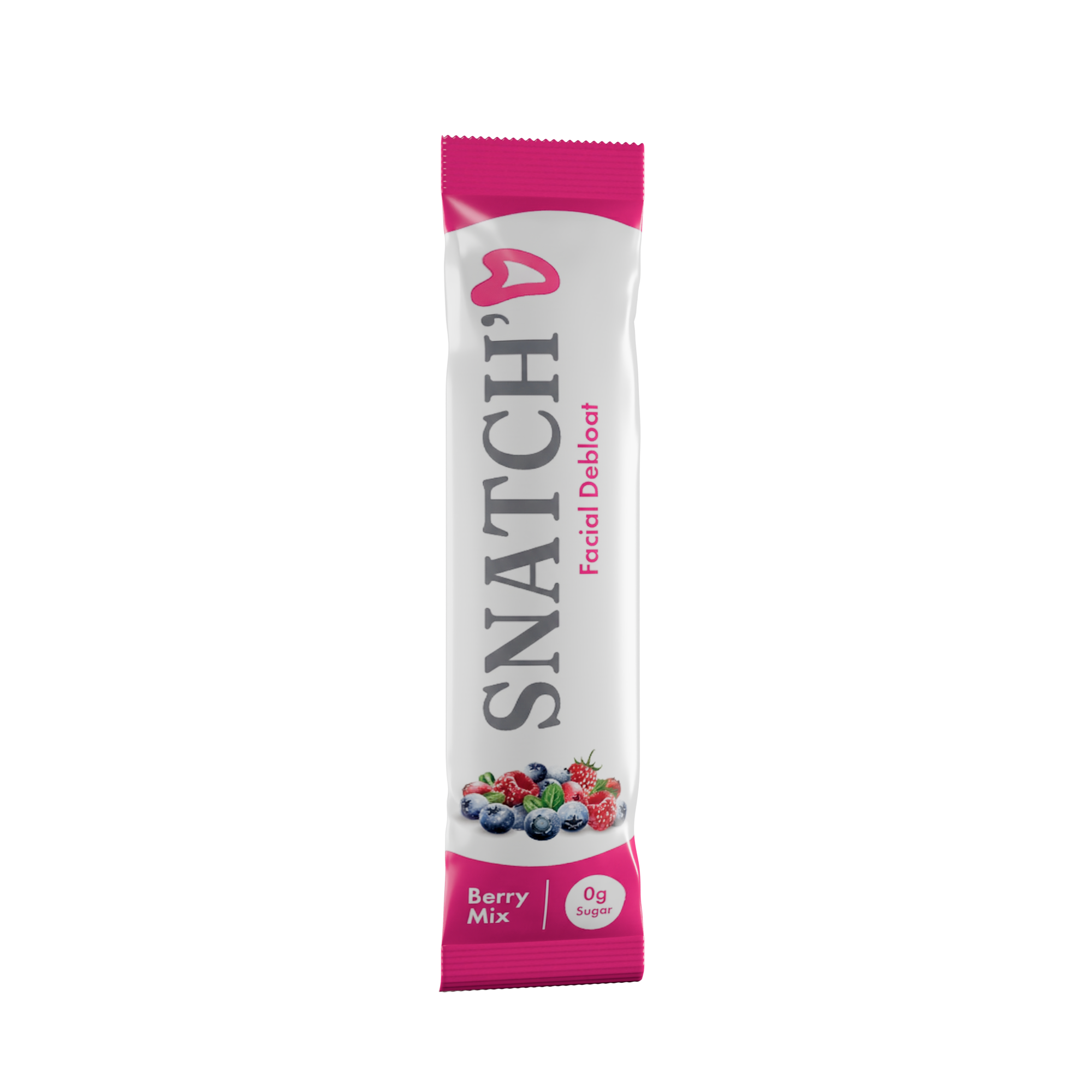 Pink and white packet labeled 'SNATCH' Facial Debloat Berry Mix, 0g Sugar.'