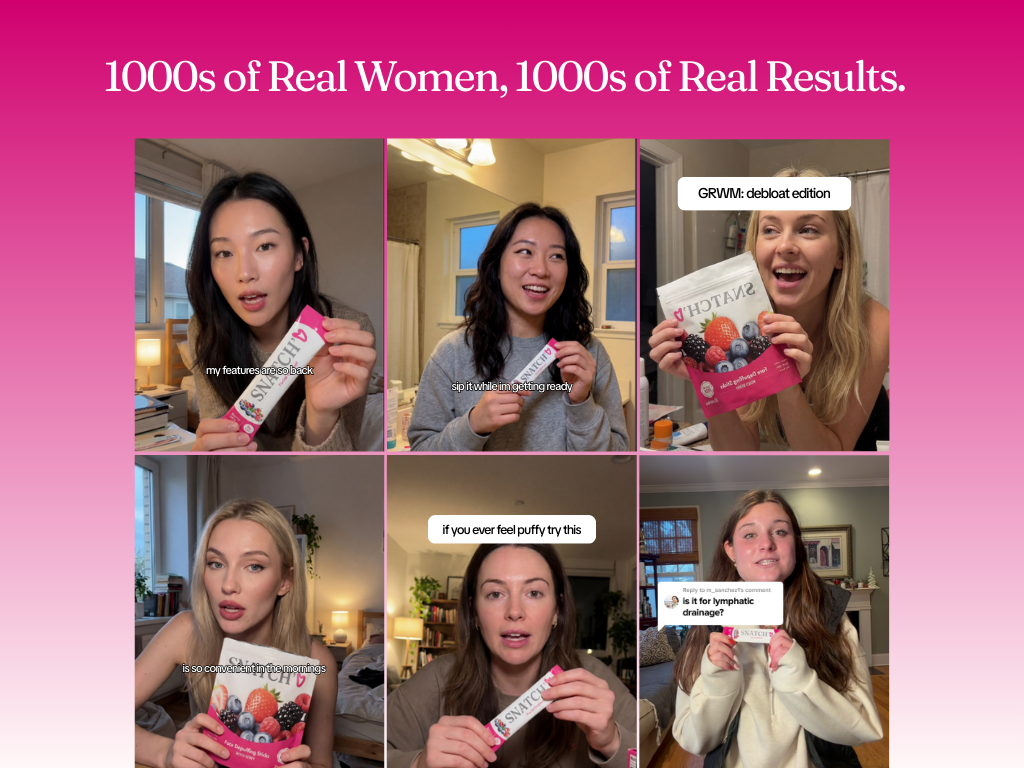 A collage of six different women holding and promoting a product called 'SNATCH'D.'