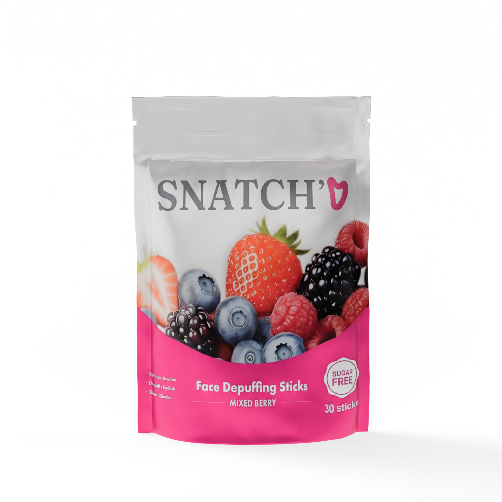 Pink and white packet labeled 'SNATCH' Facial Debloat Berry Mix, 0g Sugar.'