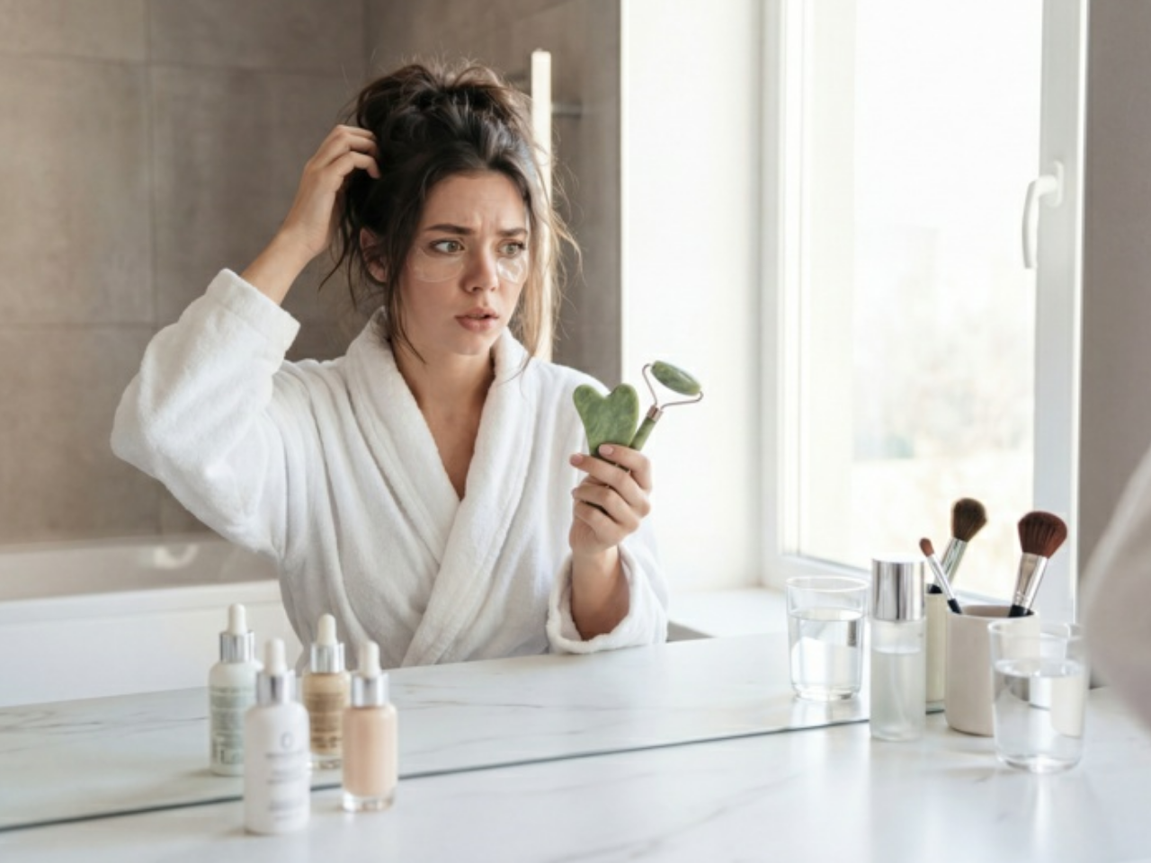 A woman with a concerned expression looks at her reflection in a bathroom mirror, touching her cheek.