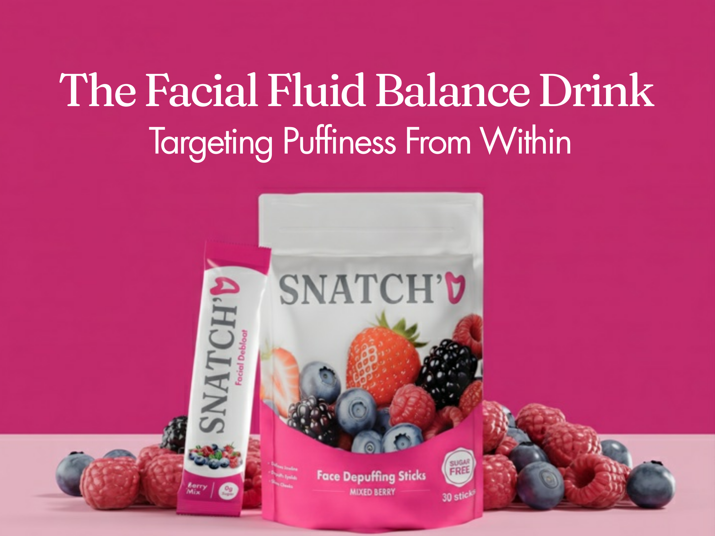 A pouch and stick of Snatch'd Face Depuffing drink mix are surrounded by fresh mixed berries.