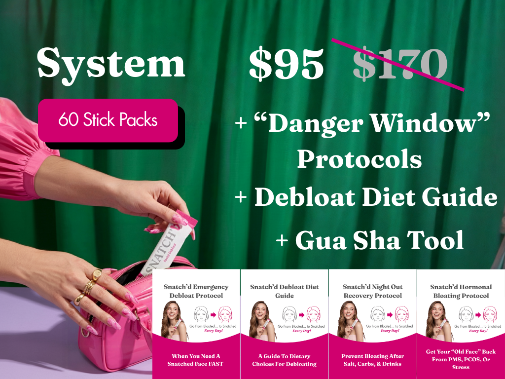 An ad for a debloating system showing product packs, price, and a hand holding a stick pack.
