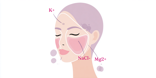 Illustration of a woman's face with highlighted skincare zones and chemical symbols.