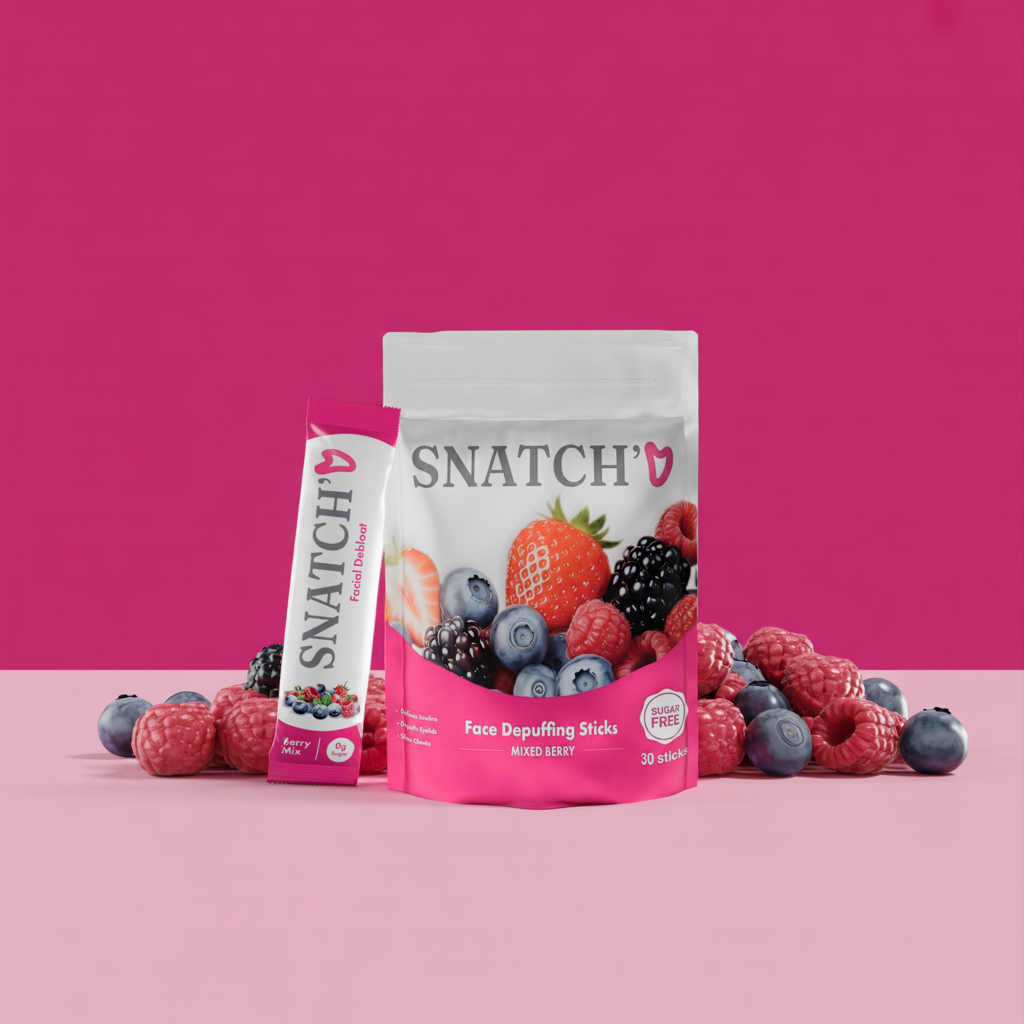 Berry-flavored face depuffing products on a pink background.