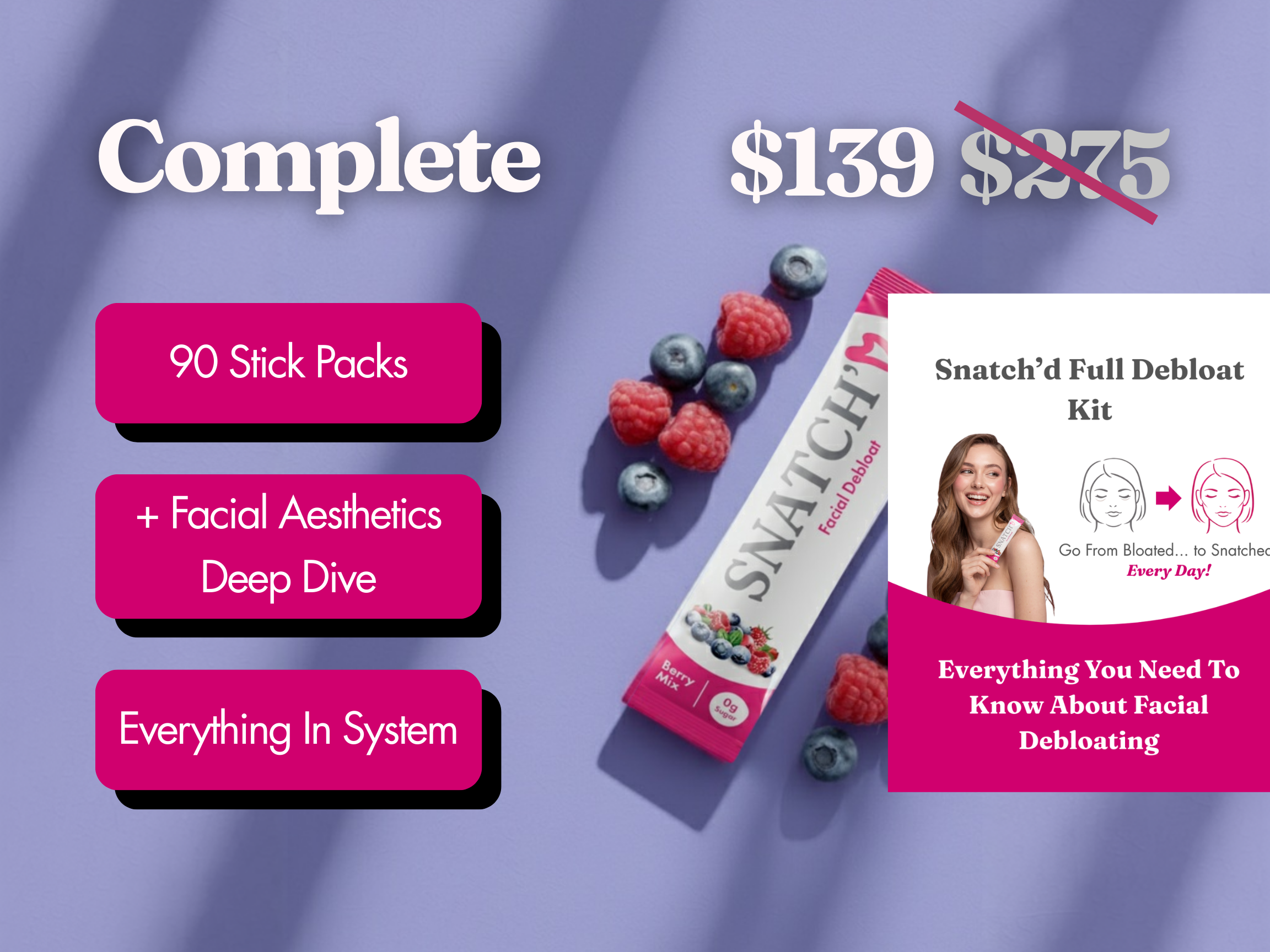 Promotional graphic for Snatch'd Facial Debloat Kit showing the product, price, and what's included in the system.