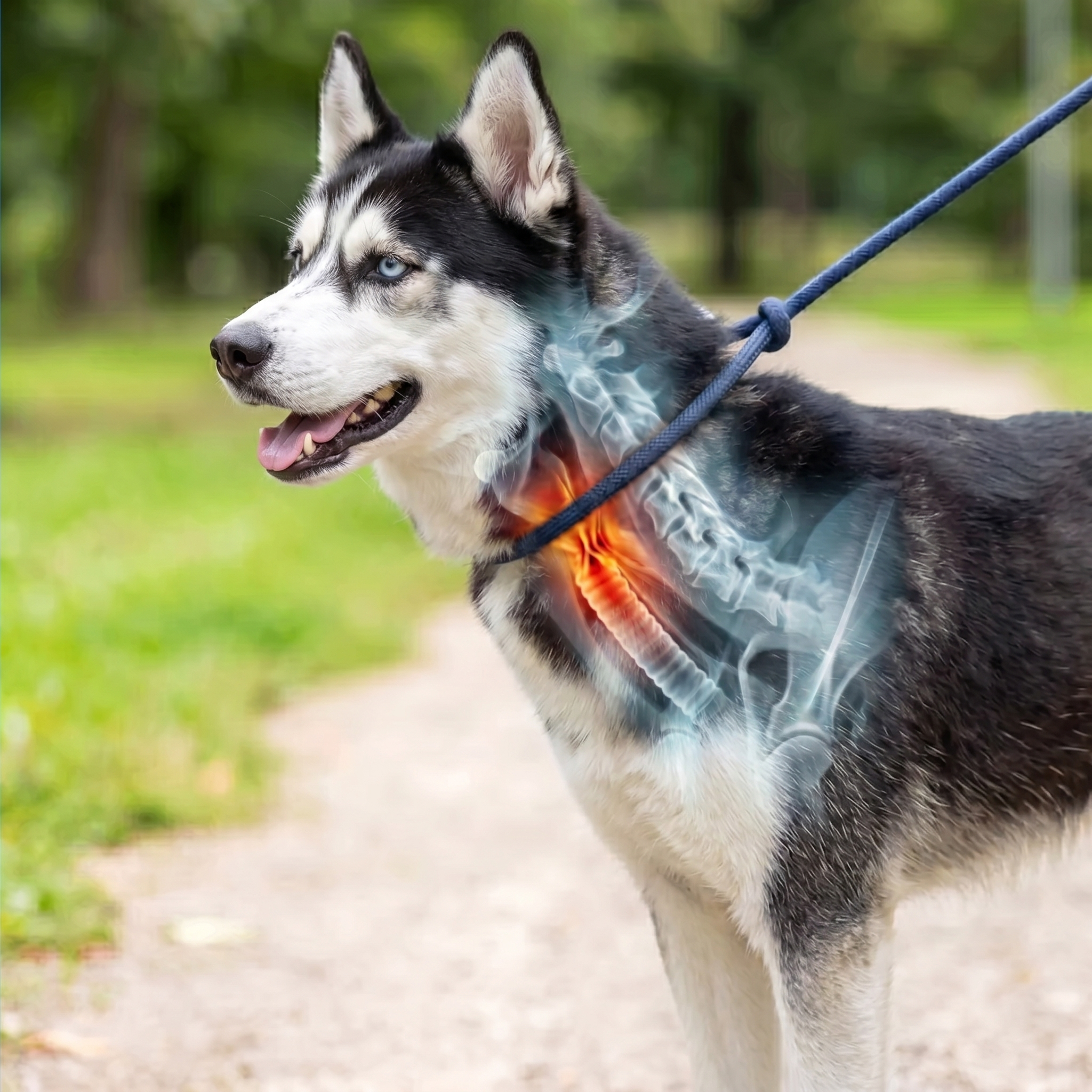 A husky on a leash with a composite X-ray view showing its neck, throat, and spine.
