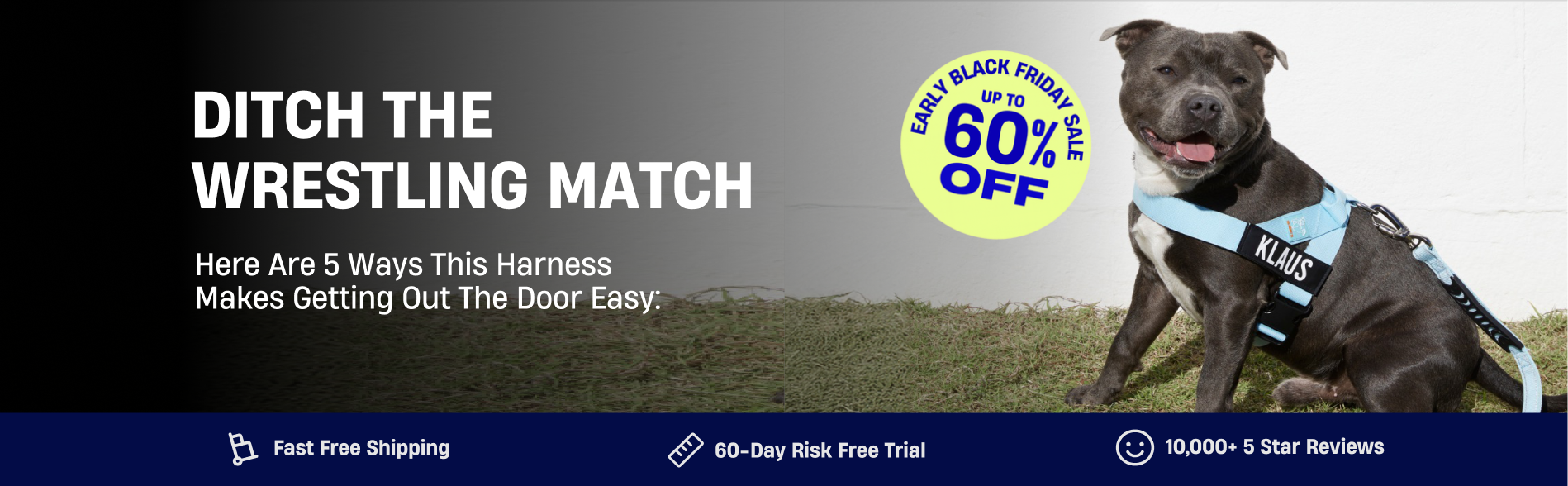 Dog wearing a blue harness with text about a sale and features.