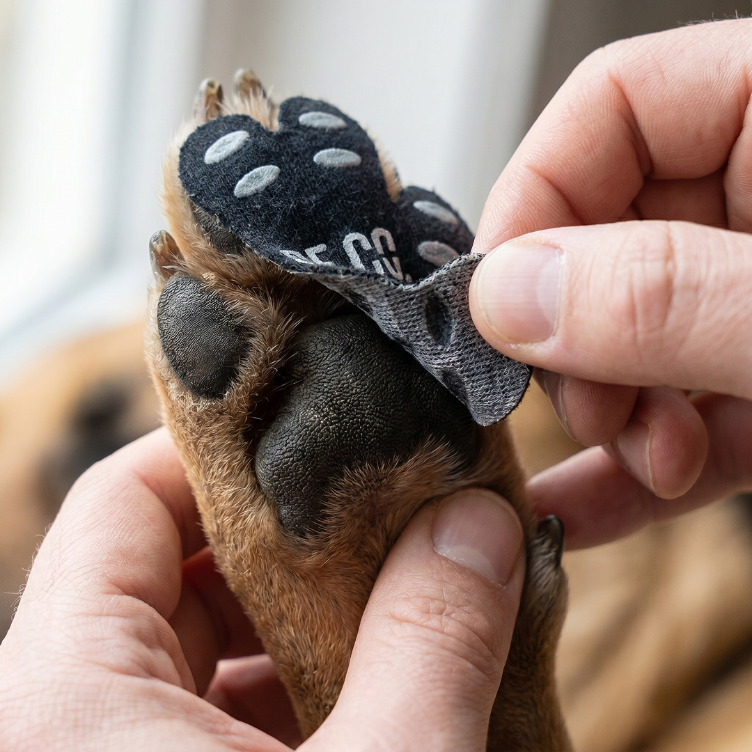 A person applies a black adhesive grip pad to the bottom of a dog's paw.