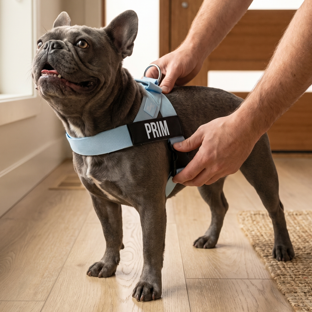 A person adjusting a light blue harness with the name 'PRIM' on a grey French bulldog.