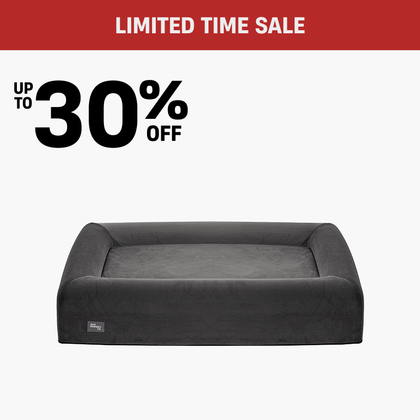 Gray pet bed under sale advertisement for up to 30% off.