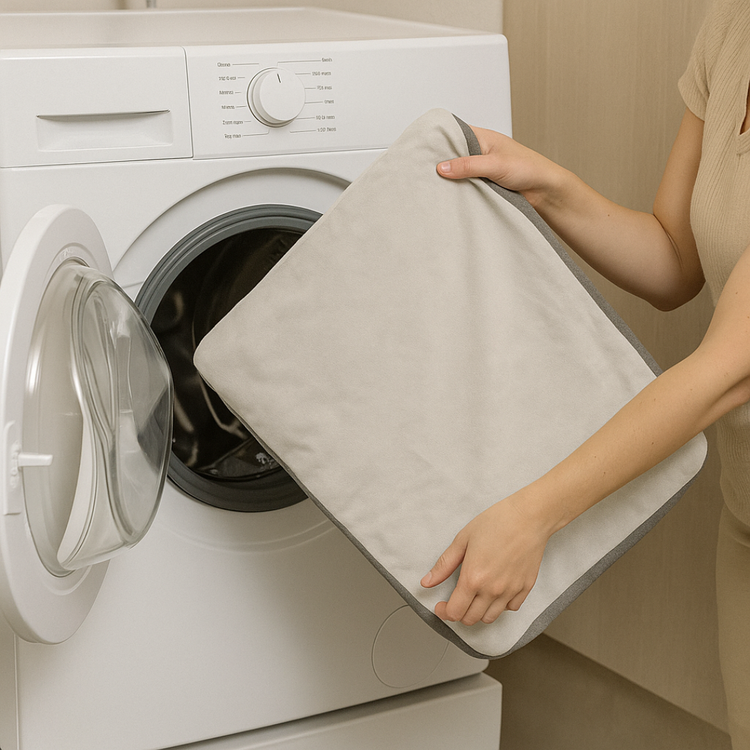 Person placing beige fabric piece into a washing machine.