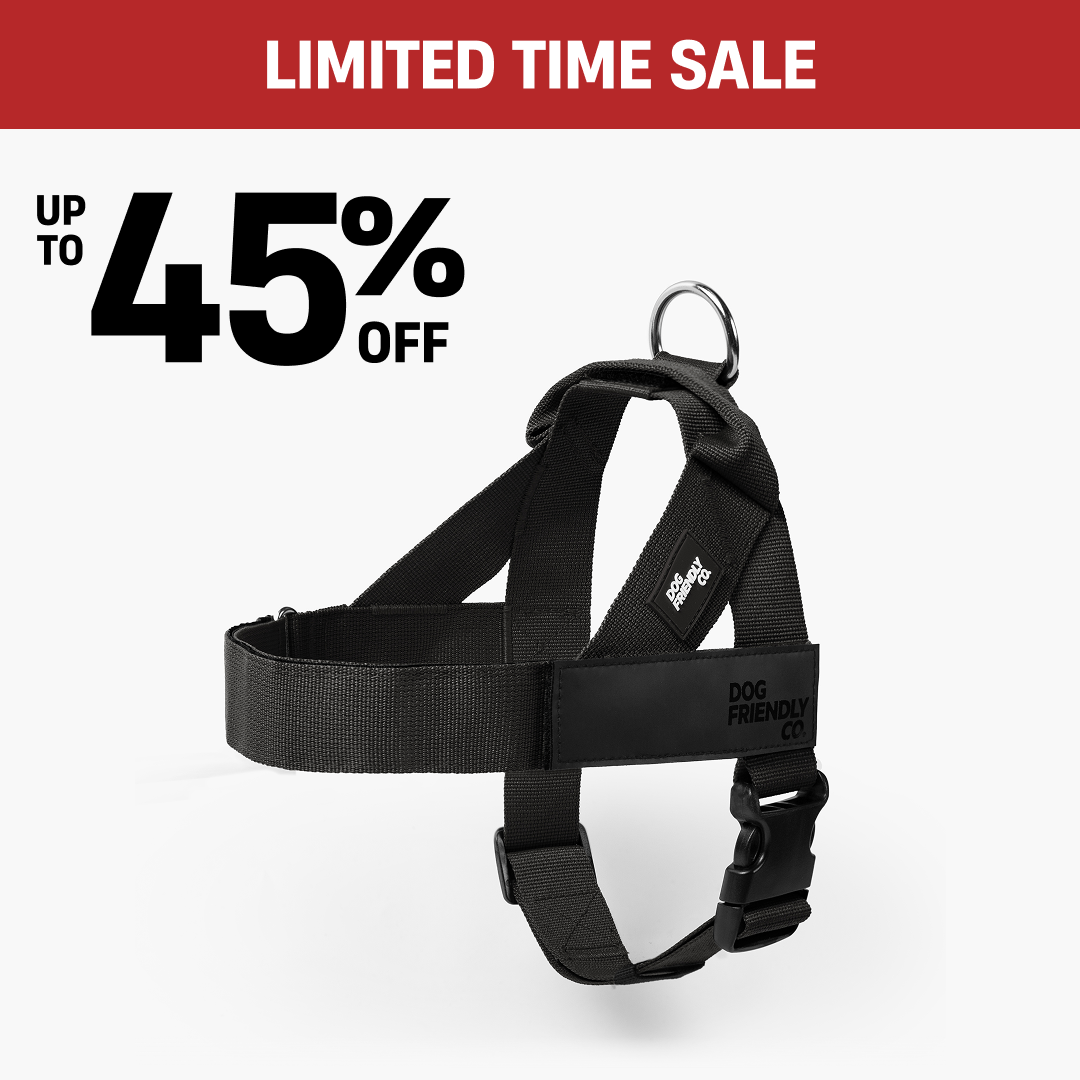 A black dog harness on a white background with text reading 'Limited Time Sale' and 'Up to 45% Off'.