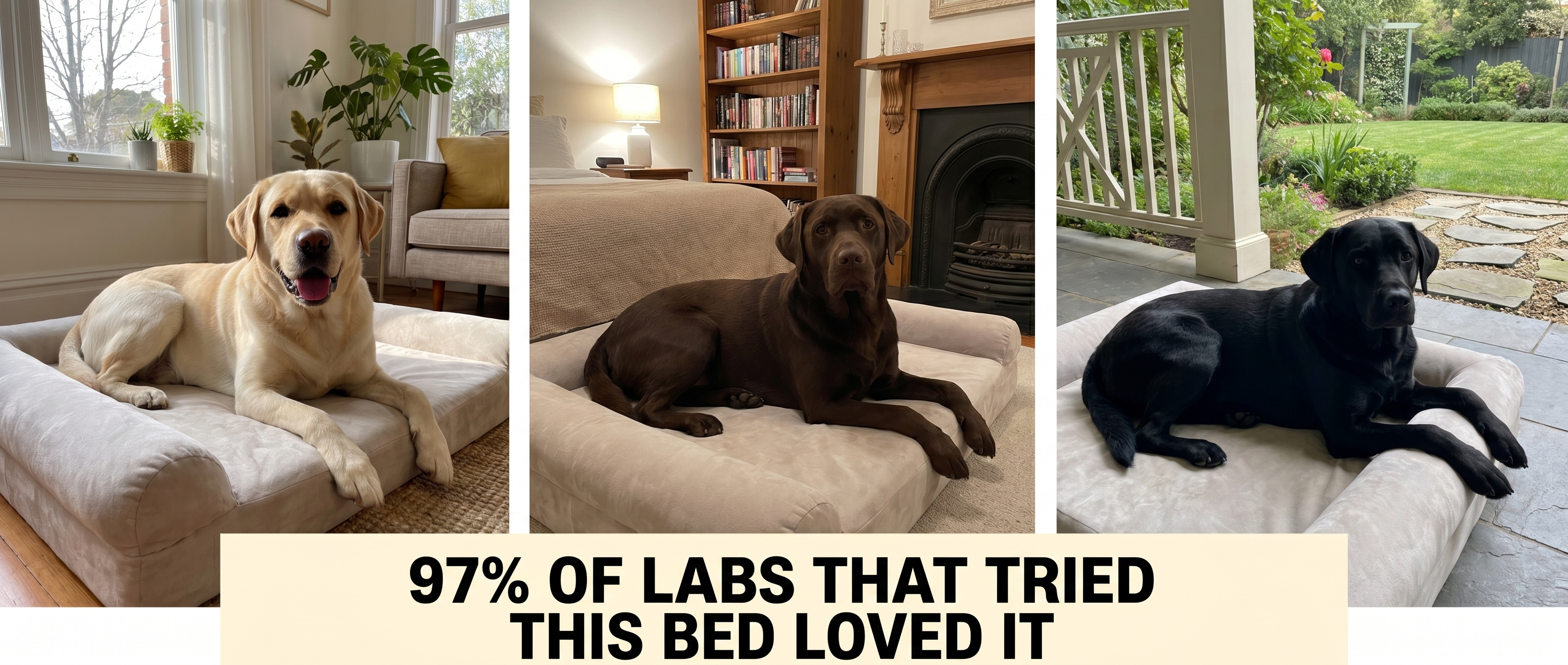 A photo collage of a yellow, chocolate, and black Labrador, each lying on a light-colored dog bed.