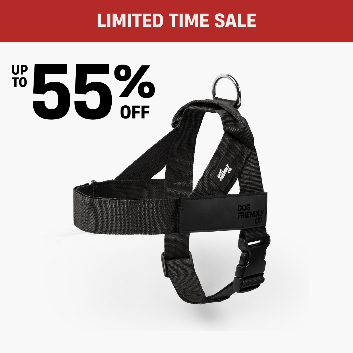 Black dog harness with sale text offering up to 55% off.