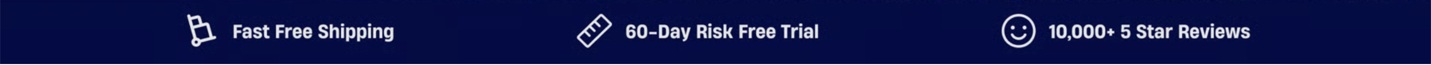 A dark blue banner with icons for Fast Free Shipping, 60-Day Risk Free Trial, and 10,000+ 5 Star Reviews.