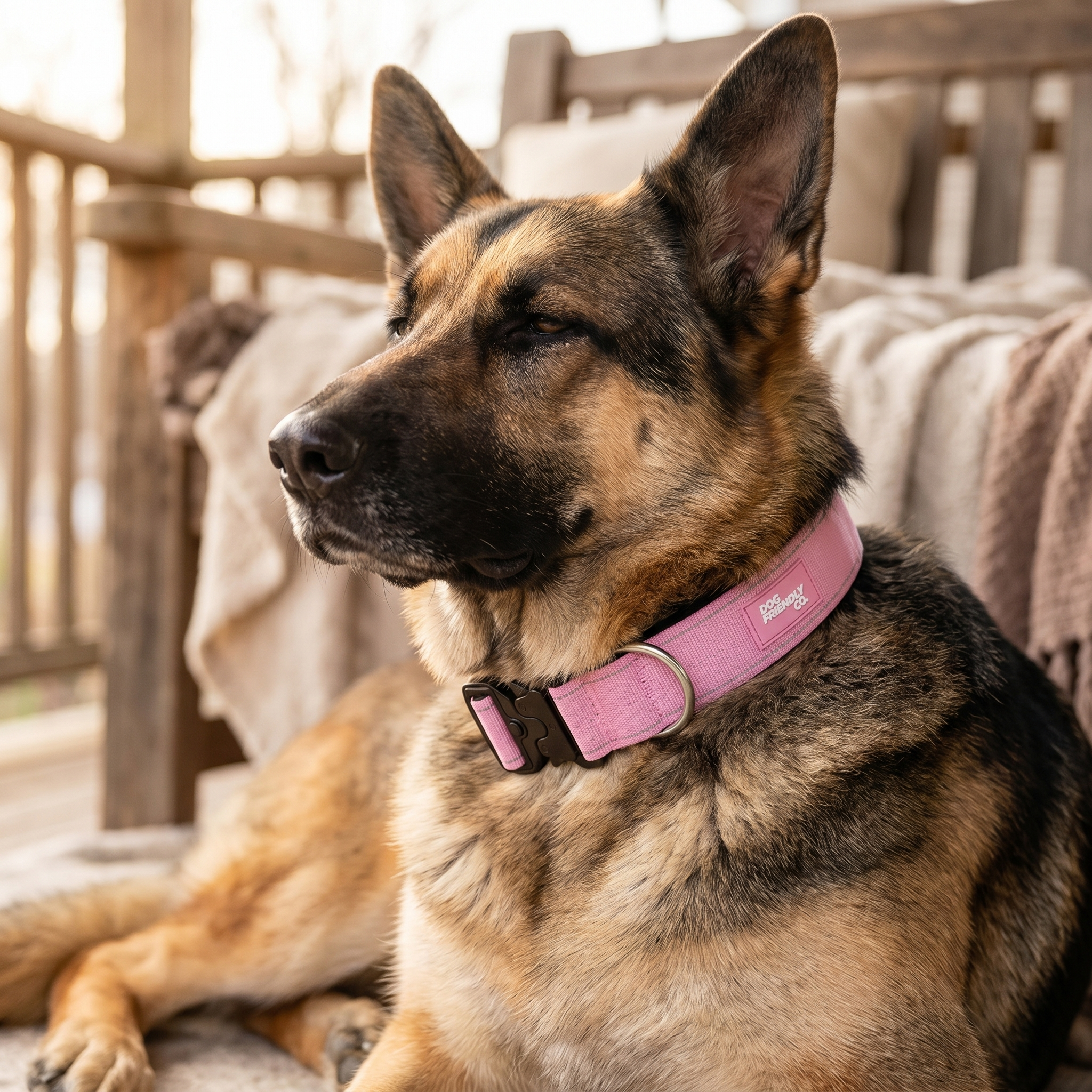 A German Shepherd wearing a pink collar lies on a porch looking off to the side.