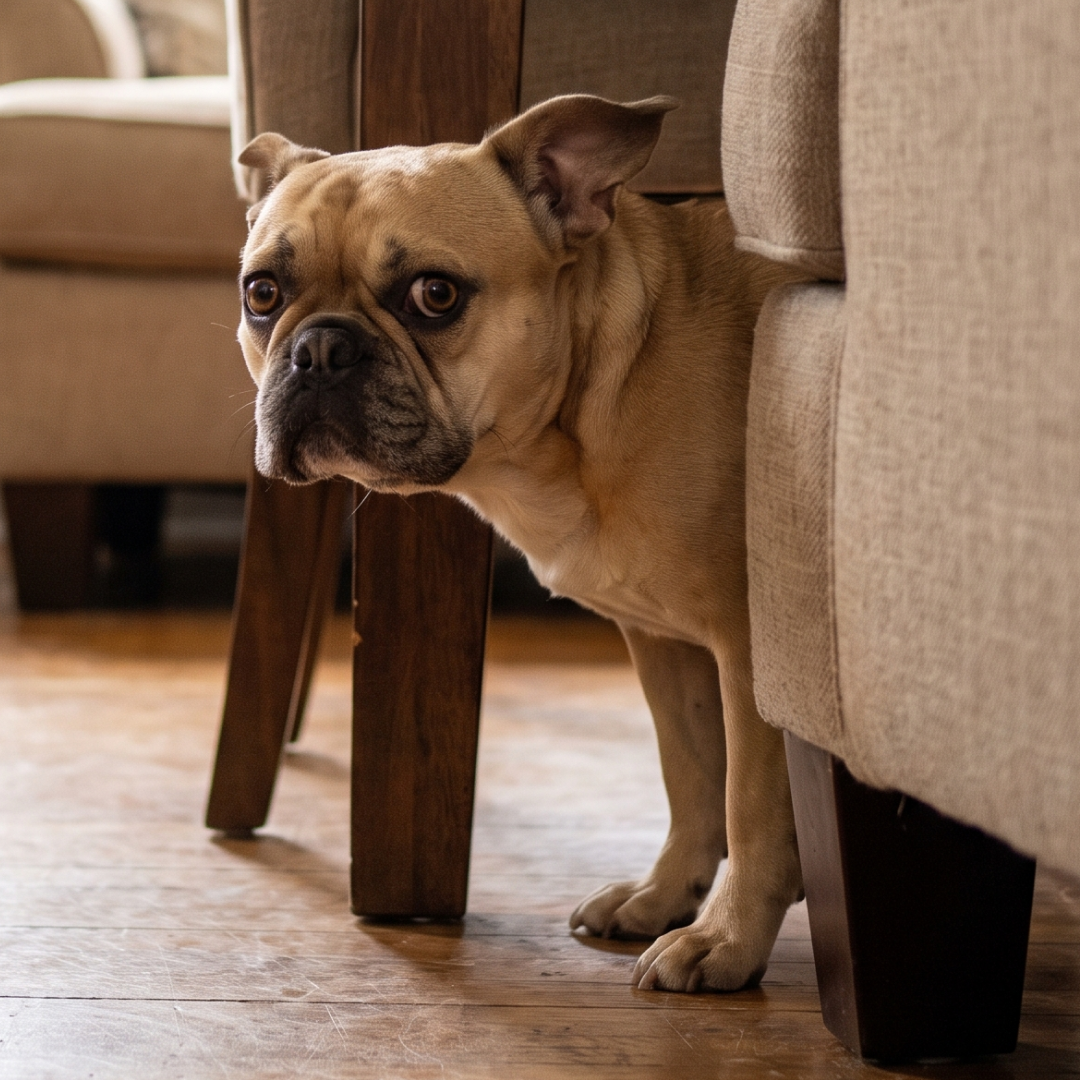 A small, light-brown dog with a wrinkled face peeks out from behind a beige armchair.