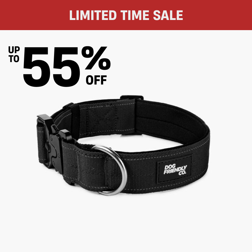 Black dog collar with up to 55% off text above.