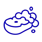 A blue line-art icon of a bar of soap with suds and bubbles on it.