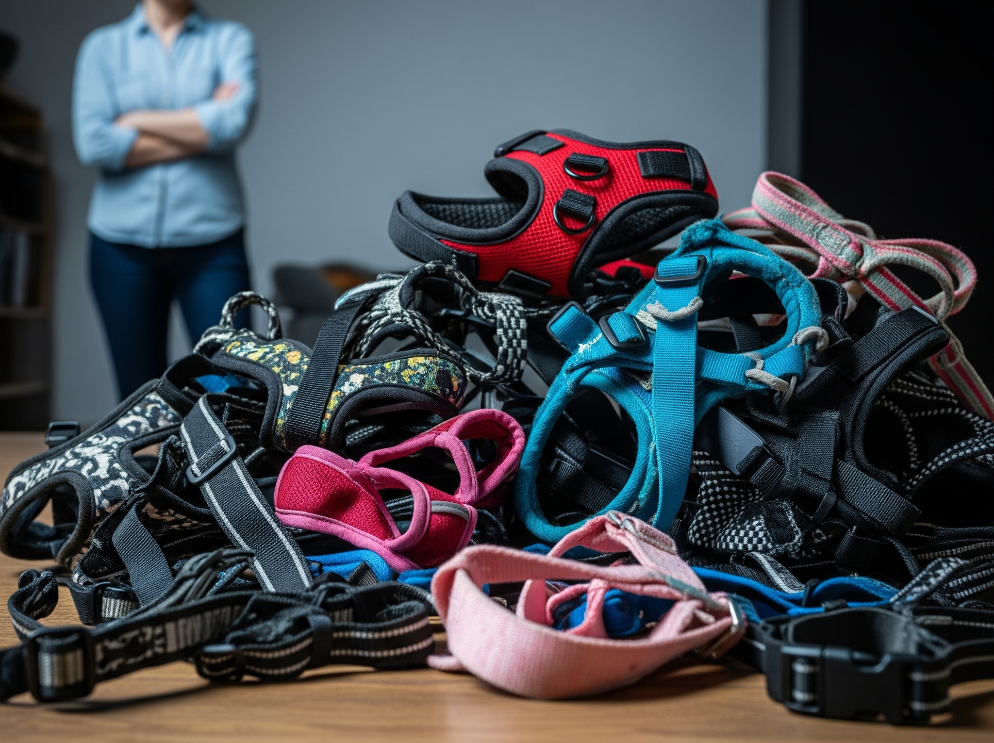 Pile of colorful pet harnesses on a table, person standing in the background.