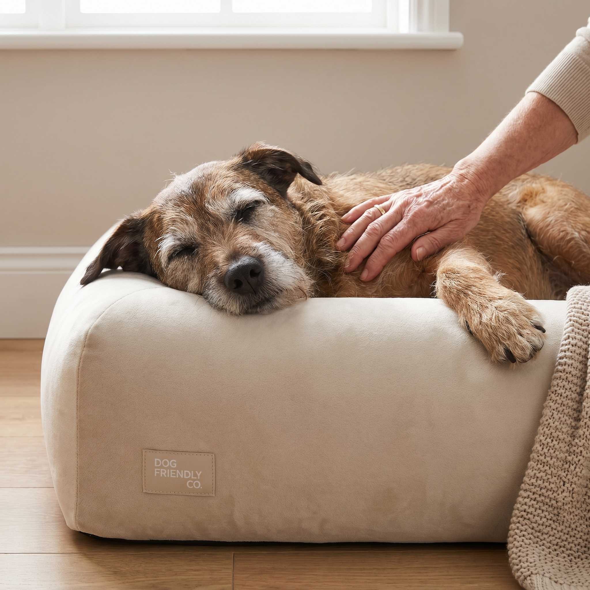 An older, scruffy brown dog sleeping on a beige dog bed while a person's hand pets it.