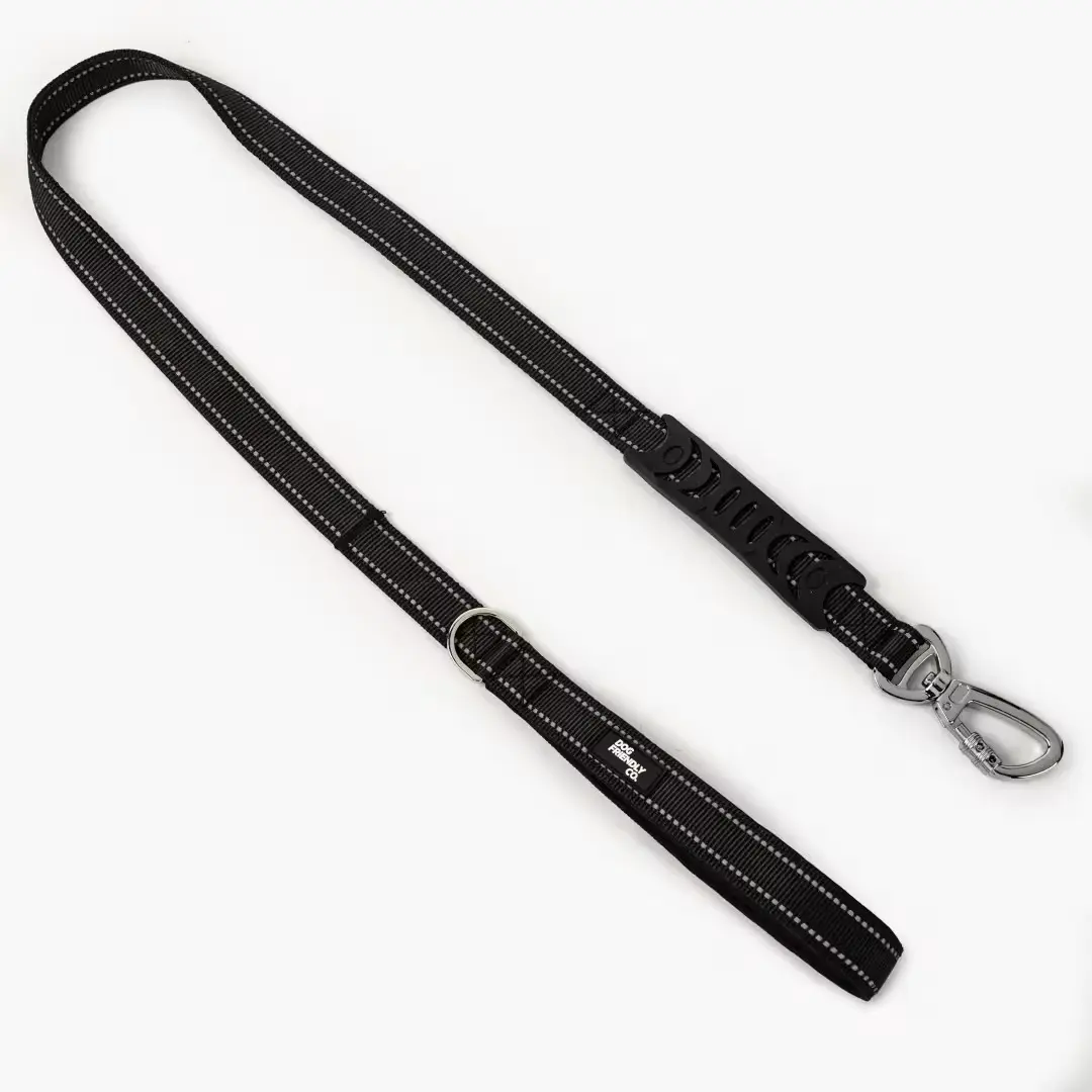 Black dog leash with metal clip and adjustable strap.