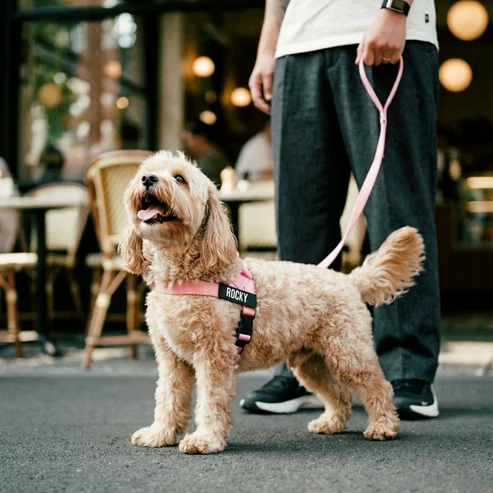 A fluffy, light-brown dog in a pink harness named Rocky stands on a sidewalk with a person.