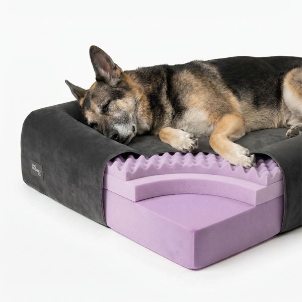A German Shepherd dog sleeps on a bed with a cutaway showing the purple foam interior.