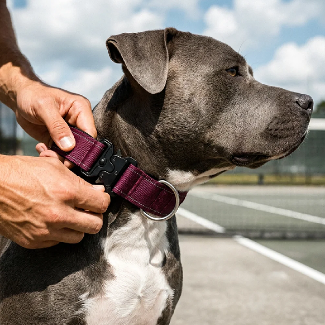 A person puts a maroon dog collar with a black buckle on a gray and white pit bull.