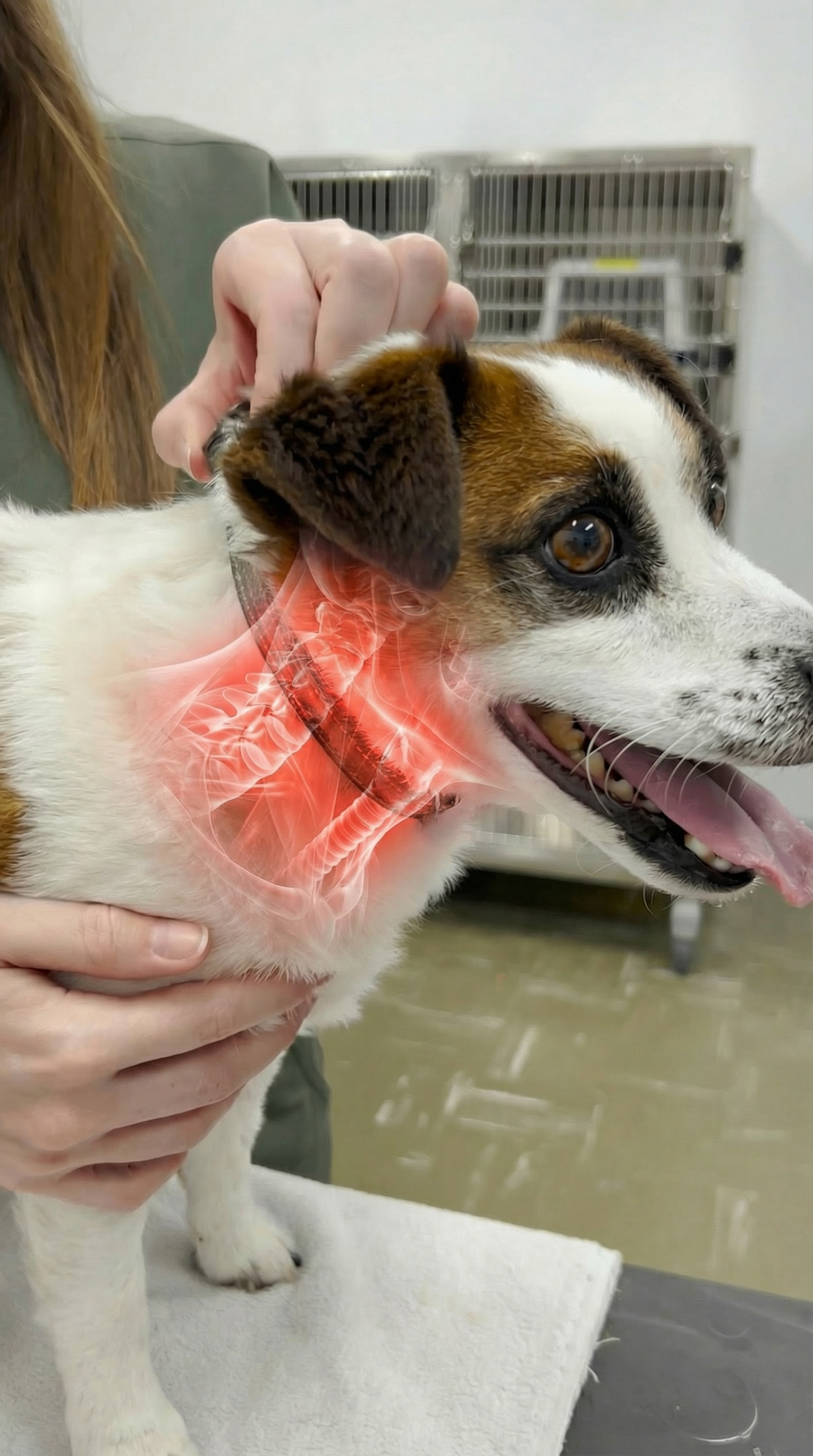 A dog with a glowing red anatomical illustration overlaid on its neck, showing the trachea.