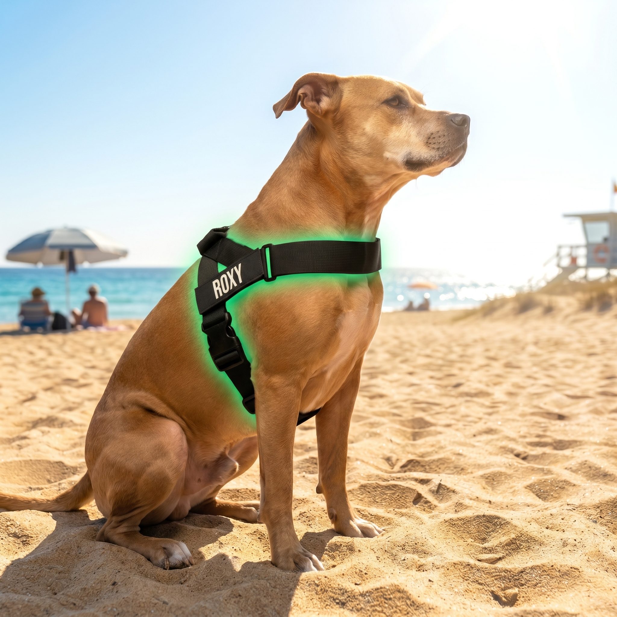 A tan dog wearing a black harness with the name Roxy sits on a sunny beach.