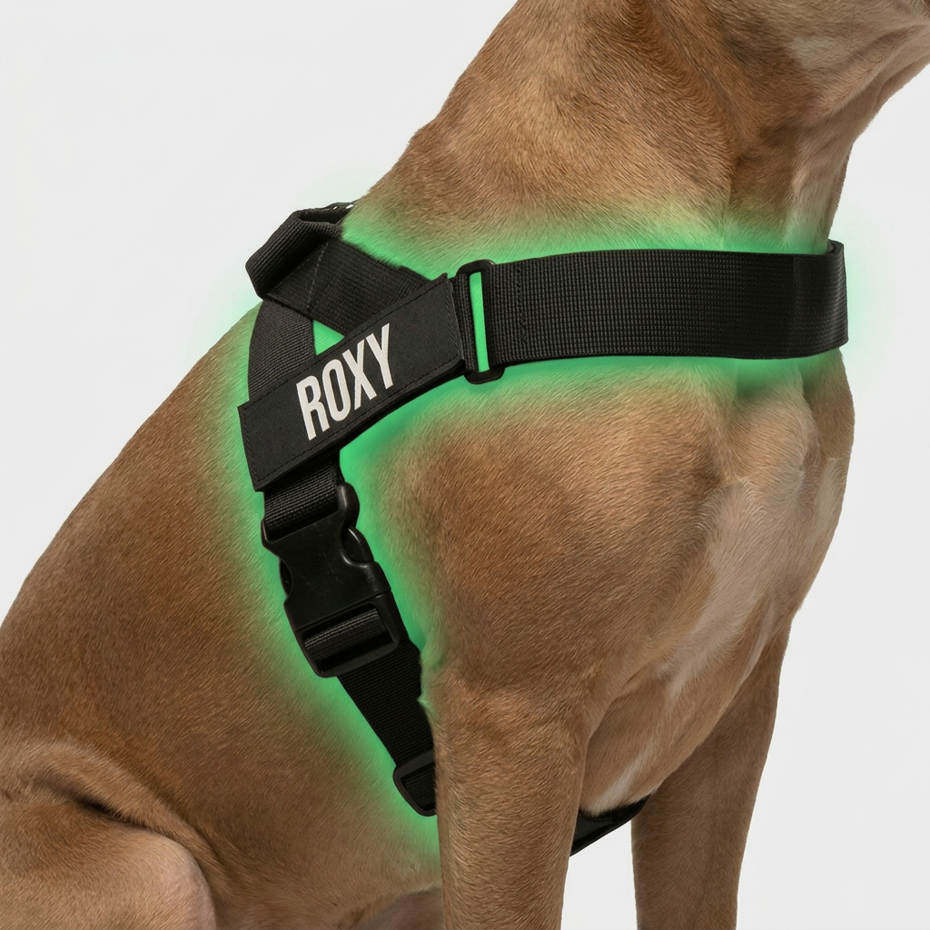 A close-up of a tan dog wearing a black harness with a green glow and a 'ROXY' name patch.