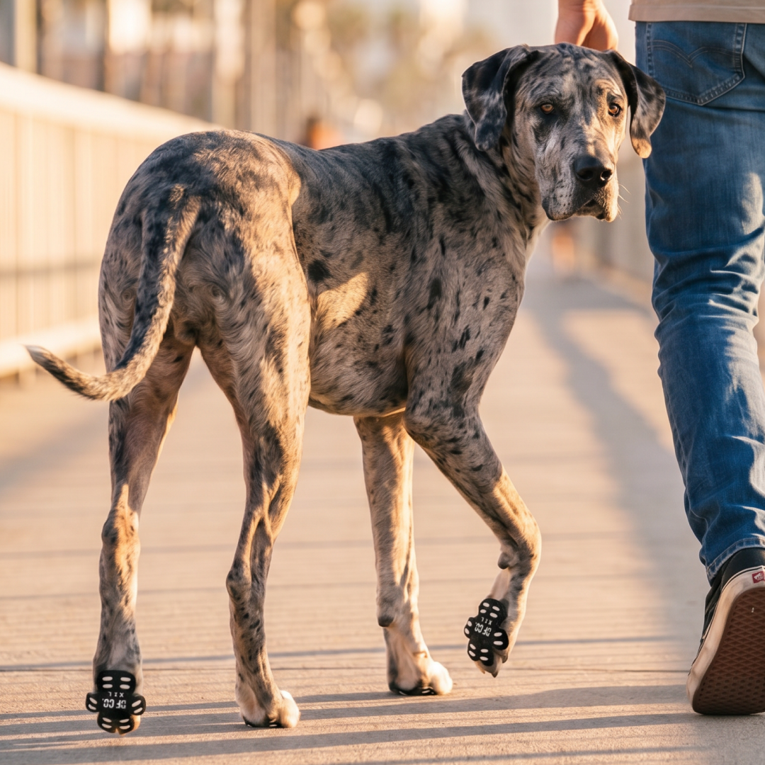 A merle Great Dane wearing black paw grips walks on a boardwalk next to a person.