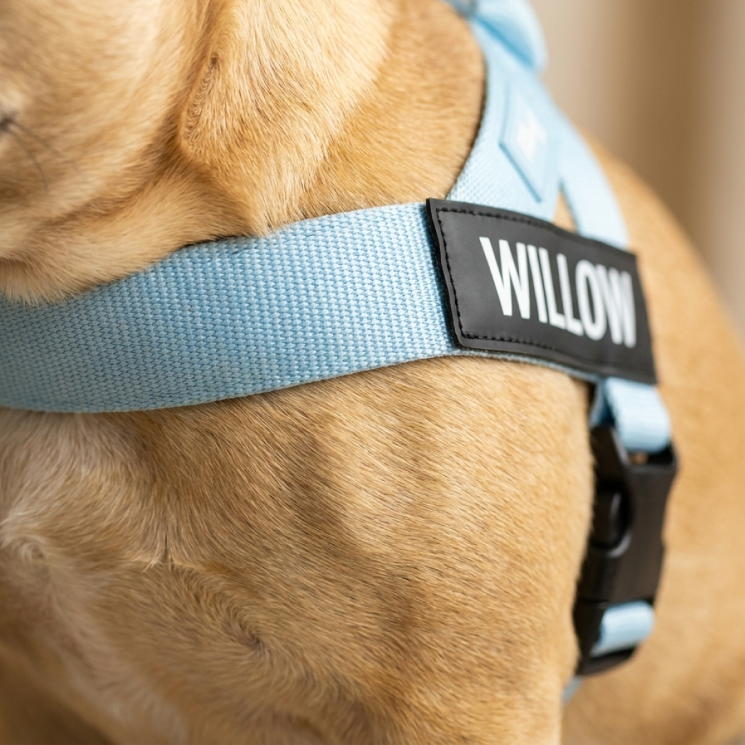 A close-up of a tan dog wearing a light blue harness with a patch that says WILLOW.