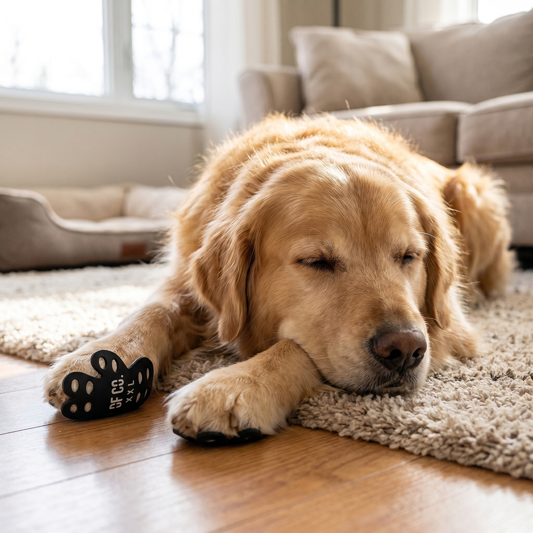 A golden retriever with a black paw grip sleeps on a shaggy rug in a sunlit room.